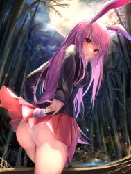Rule 34 | 1girl, absurdres, animal ears, ass, back, bamboo, bamboo forest, blush, breasts, forest, full moon, highres, long hair, looking at viewer, medium breasts, moon, nature, night, nyome991, outdoors, panties, parted lips, pleated skirt, purple hair, rabbit ears, rabbit tail, red eyes, reisen udongein inaba, skirt, solo, tail, touhou, underwear, white panties