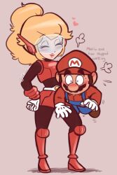 Rule 34 | 1boy, 1girl, artist name, belt, blonde hair, blush, breasts, brown hair, carrying, carrying under arm, closed eyes, facial hair, gloves, grin, hand on own hip, hat, heart, holding, mario, mario (series), mighty peach, mustache, nintendo, overalls, princess peach, princess peach: showtime!, skirt, smile, spoken heart