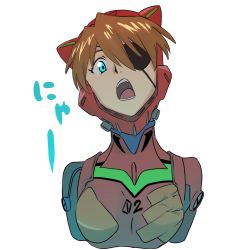Rule 34 | 10s, 1girl, :o, animal ears, arms at sides, blue eyes, bodysuit, breasts, cat ears, cropped torso, evangelion: 3.0 you can (not) redo, eyepatch, fake animal ears, hair between eyes, head tilt, helmet, highres, looking at viewer, neon genesis evangelion, open mouth, parted bangs, pilot suit, plugsuit, rebuild of evangelion, saitou kengo, simple background, small breasts, solo, souryuu asuka langley, tape, teeth, turtleneck, upper body, white background