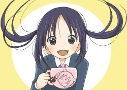 Rule 34 | 1girl, :d, black hair, brown eyes, cup, floating hair, itesu, k-on!, long hair, mug, nakano azusa, open mouth, school uniform, smile, solo, teacup, twintails