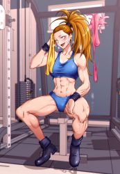 Rule 34 | 1girl, abs, bandaid, bandaid on face, black footwear, blue bra, blue eyes, blue panties, blush, boots, bra, breasts, breath, brown hair, captain mizuki, collarbone, earrings, female focus, gym, gym equipment, gym uniform, highres, holding, holding towel, indoors, jewelry, long hair, looking to the side, midriff, muscular, muscular female, navel, one-punch man, open mouth, panties, ponytail, punching bag, shadow, shiny clothes, shiny skin, shoes, sitting, slime (substance), smile, solo, sports bra, sweat, tareme, towel, underwear, very long hair, weights, window, wiping forehead, wiping sweat, wristband