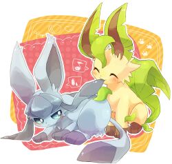 Rule 34 | animal focus, blue eyes, blue hair, blush, closed eyes, closed mouth, creatures (company), frown, game freak, gen 4 pokemon, glaceon, leafeon, long hair, lying, musical note, nintendo, no humans, pateko, pokemon, pokemon (creature), sidelocks, sitting, smile, source request, sweat, sweatdrop