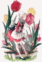 Rule 34 | 1girl, absurdres, apron, blonde hair, bow, braid, dress, eyebrows, closed eyes, faux figurine, fence, flower, full body, headdress, highres, kiss, lace, long sleeves, original, ozyako, ozyako0, slippers, solo, standing, traditional clothes, tulip, twin braids, white background, windmill