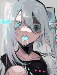 Rule 34 | 1girl, absurdres, black shirt, blue eyes, blue hair, collarbone, commentary, diamond-shaped pupils, diamond (shape), finger gun, finger gun to head, grey background, hair between eyes, hatsune miku, highres, kajiwara 3, liquid from mouth, long hair, looking at viewer, open mouth, shirt, simple background, solo, symbol-shaped pupils, twintails, upper body, vocaloid