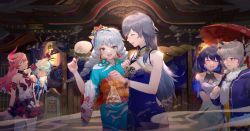 Rule 34 | 6+girls, absurdres, antenna hair, architecture, asymmetrical gloves, bare shoulders, black gloves, black hair, blue dress, blue eyes, blue hair, blue jacket, blue kimono, braid, breasts, bronya zaychik, bronya zaychik (snowy sniper), china dress, chinese clothes, chinese new year, cleavage, closed eyes, closed mouth, daylightallure, dress, east asian architecture, fish, fu hua, fu hua (valkyrie accipiter), gloves, goldfish, grey eyes, grey hair, hair between eyes, hair ornament, hand fan, highres, holding, holding fan, holding umbrella, honkai (series), honkai impact 3rd, horns, index finger raised, jacket, japanese clothes, kiana kaslana, kimono, liliya olenyeva, long hair, long sleeves, looking at another, mismatched gloves, multiple girls, new year, open mouth, outdoors, pink hair, pointing, rozaliya olenyeva, scarf, seele vollerei, seele vollerei (stygian nymph), short hair, siblings, single horn, sleeveless, small breasts, smile, tail, thighhighs, twin braids, twins, umbrella, water, white dress, white gloves, white hair, white legwear