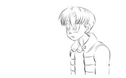 Rule 34 | 1boy, blush, collar, collared jacket, dragon ball, dragon ball super, funsexydb, graphite (medium), greyscale, highres, jacket, monochrome, open clothes, open jacket, short hair, simple background, solo, surprised, traditional media, trunks (dragon ball), trunks (future) (dragon ball), white background