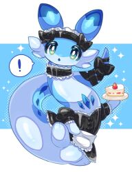 Rule 34 | !, animal ears, animal focus, black bow, blue fur, blue skin, bow, cake, cake slice, chest jewel, chillet, collar, colored skin, creature, food, furry, green eyes, highres, holding, holding plate, maid, murasakigezi, no humans, open mouth, palworld, plate, simple background, sparkle, speech bubble, spoken exclamation mark, strawberry shortcake