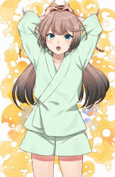 Rule 34 | 1girl, absurdres, arms up, bathrobe, blue eyes, blush, brown hair, commentary request, commission, gradient hair, hair ribbon, highres, huge filesize, kanmiya shinobu, kantai collection, kazagumo (kancolle), long hair, multicolored hair, open mouth, pixiv commission, ponytail, ribbon, short sleeves, simple background, solo