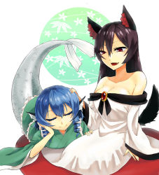 Rule 34 | 2girls, animal ears, bad id, bad pixiv id, bare shoulders, blouse, blue hair, breasts, brown hair, cleavage, closed eyes, collarbone, colored eyelashes, drill hair, elbow rest, fins, grass root youkai network, green kimono, head fins, headpat, highres, imaizumi kagerou, japanese clothes, ke-su, kimono, long hair, long skirt, long sleeves, lying, medium breasts, mermaid, monster girl, multiple girls, off shoulder, on stomach, red eyes, red skirt, shirt, short hair, sitting, skirt, smile, tail, touhou, wakasagihime, white shirt, wide sleeves, wolf ears, wolf tail, yokozuwari