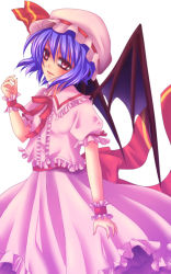 Rule 34 | 1girl, bad id, bad pixiv id, bat wings, blue hair, female focus, frills, hat, mikazuki sara, red eyes, remilia scarlet, ribbon, simple background, skirt, solo, touhou, white background, wings