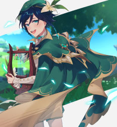 Rule 34 | 1boy, androgynous, beret, black hair, blue hair, blurry, blurry background, bow, braid, building, cape, collared cape, collared shirt, commentary request, day, flower, frilled sleeves, frills, from behind, gem, genshin impact, gradient hair, grass, green eyes, green hat, green shorts, hanakiri22, hat, hat flower, highres, holding, holding instrument, instrument, leaf, long sleeves, looking at viewer, looking back, lyre, male focus, multicolored hair, open mouth, outdoors, pantyhose, shirt, short hair with long locks, shorts, skyscraper, smile, solo, twin braids, venti (genshin impact), white flower, white pantyhose, white shirt
