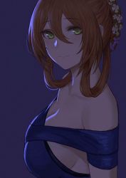 Rule 34 | 1girl, blue dress, blush, breasts, cleavage, dress, evening gown, flower, girls&#039; frontline, green eyes, hair between eyes, hair bun, hair flower, hair ornament, hair rings, highres, large breasts, looking at viewer, official alternate costume, orange hair, purple background, selcky, simple background, single hair bun, smile, solo, springfield (girls&#039; frontline), springfield (queen in radiance) (girls&#039; frontline), upper body