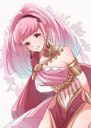 Rule 34 | 1girl, armlet, black hairband, closed mouth, commentary, dancer (fire emblem: three houses), dress, earrings, female focus, fire emblem, fire emblem: three houses, hairband, head tilt, highres, hilda valentine goneril, hoop earrings, jewelry, long hair, looking at viewer, matching hair/eyes, nintendo, official alternate costume, pelvic curtain, pink dress, pink eyes, pink hair, single bare shoulder, smile, solo, twitter username, very long hair, yutohiroya