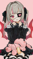 Rule 34 | 1girl, :3, :d, bare shoulders, black dress, black ribbon, blush, blush stickers, commentary request, dress, eyepatch, frills, gotou (nekocat), hair intakes, hair ribbon, hands up, heart, heart print, highres, lolita fashion, long hair, long sleeves, looking at viewer, makaino ririmu, multicolored hair, nijisanji, open mouth, pink background, pointy ears, red eyes, ribbon, sitting, smile, solo, striped clothes, striped thighhighs, stuffed animal, stuffed rabbit, stuffed toy, thighhighs, translated, virtual youtuber