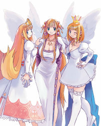 Rule 34 | 3girls, angel wings, blonde hair, blue eyes, breasts, cherie espoir, cornet espoir, crown, curly hair, dress, earrings, everyone, family, green eyes, high heels, jewelry, large breasts, legs, little princess, long hair, long legs, long sleeves, marl kingdom, mother and daughter, multiple girls, necklace, nippon ichi, official art, one eye closed, princess kururu, puppet princess (marl kingdom), rhapsody, ryoji (nomura ryouji), shoes, short hair, side slit, simple background, skirt, smile, thighhighs, thighs, time paradox, white background, white theme, wings, wink