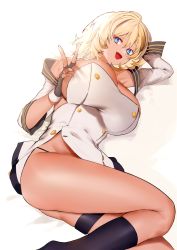 Rule 34 | aiushi (lovecowjp), azur lane, black socks, blonde hair, blue eyes, boots, breasts, buttons, california (azur lane), cleavage, detached sleeves, double-breasted, dress, feet out of frame, fingerless gloves, gloves, highres, kneehighs, large breasts, lying, microdress, military, military uniform, naval uniform, on bed, on side, open mouth, short hair, socks, solo, strapless, strapless dress, thigh strap, thong, uniform, v, white dress