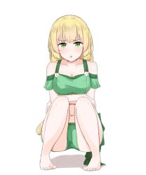 Rule 34 | 1girl, barefoot, blonde hair, breasts, chirun0, cleavage, crossed arms, fire emblem, fire emblem: three houses, fire emblem heroes, full body, green eyes, highres, ingrid brandl galatea, long hair, nintendo, open mouth, simple background, solo, squatting, swimsuit, white background