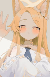 Rule 34 | 1girl, 1other, animal ear fluff, animal ears, bare shoulders, blonde hair, blue archive, blush, detached sleeves, dress, fox ears, halo, highres, long hair, looking at viewer, open mouth, ran (bearsoymilk), seia (blue archive), sleeves past fingers, sleeves past wrists, solo focus, upper body, white dress, white sleeves, wide sleeves, yellow eyes, yellow halo