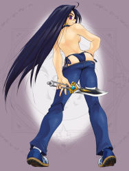 Rule 34 | 1girl, ass, bikini jeans, black hair, breasts, butt crack, choker, contrapposto, dagger, denim, earrings, from behind, hand on own hip, jeans, jewelry, knife, long hair, looking back, lowleg, lowleg pants, medium breasts, meme attire, original, pants, purple eyes, ranbu hararin, red eyes, revision, shoes, sneakers, socks, solo, standing, tomboy, topless, very long hair, weapon
