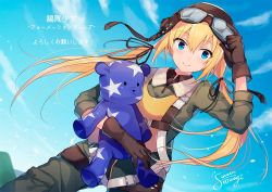 Rule 34 | 1girl, biturba urbanobna, blonde hair, blue eyes, commentary request, formation girls, gloves, goggles, goggles on headwear, hiiragi souren, holding, holding stuffed toy, solo, stuffed animal, stuffed toy, teddy bear, translation request, twintails