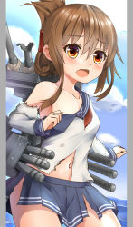 Rule 34 | 10s, 1girl, black skirt, blush, breasts, brown hair, chiroshiron, cleavage, collarbone, cowboy shot, day, hair between eyes, highres, inazuma (kancolle), kantai collection, long hair, navel, open mouth, orange eyes, outdoors, pleated skirt, school uniform, serafuku, shirt, skirt, small breasts, solo, standing, torn clothes, torn shirt, torn skirt, white shirt