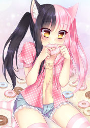 Rule 34 | 1girl, :3, animal ears, black hair, blush, cat ears, child, chipsy kura chan, commentary, doughnut, eating, eyes visible through hair, food, highres, long hair, multicolored hair, original, pink hair, pink shirt, polka dot, polka dot shirt, shirt, short shorts, shorts, solo, striped clothes, striped thighhighs, thighhighs, twintails, two-tone hair, yellow eyes