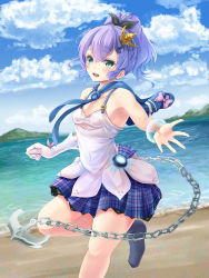 Rule 34 | 1girl, :d, anchor, azur lane, bare shoulders, beach, black ribbon, black socks, blue skirt, blue sky, blush, breasts, camisole, chain, cloud, cloudy sky, commentary request, covered navel, crown, day, gloves, green eyes, hair between eyes, hair ornament, hair ribbon, high ponytail, highres, javelin (azur lane), mini crown, no shoes, open mouth, outdoors, pleated skirt, ponytail, purple hair, ribbon, sand, single glove, skirt, sky, small breasts, smile, socks, solo, standing, standing on one leg, teeth, upper teeth only, water, white camisole, white gloves, yumibakama meme