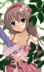 Rule 34 | 1girl, 1other, :t, ahoge, amagasaharu, aqua eyes, arm grab, arm hug, bare shoulders, blurry, blush, bow, braid, breasts, brown hair, cleavage, closed mouth, collarbone, commentary, cowboy shot, dappled sunlight, day, depth of field, dress, grabbing another&#039;s arm, hair between eyes, hair bow, hairband, highres, leaf, long hair, long sleeves, looking to the side, medium breasts, off-shoulder dress, off shoulder, official alternate costume, official alternate hairstyle, outdoors, pink bow, pink dress, pout, red hairband, sanoba witch, shiiba tsumugi, solo focus, straight hair, sunlight, twin braids, v-shaped eyebrows, very long hair, wavy mouth