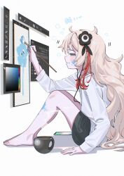 Rule 34 | 1girl, adobe photoshop, barefoot, black flower, black shorts, blonde hair, blush, chromatic aberration, closed mouth, coffee mug, commentary request, cup, earbuds, earphones, feet, flower, from side, full body, grey eyes, hair flower, hair ornament, hair over shoulder, highres, holding, holding paintbrush, isekai joucho, kamitsubaki studio, knees up, legs, long hair, long sleeves, looking ahead, messy hair, mug, multicolored hair, paint on body, paint splatter, paint splatter on face, paintbrush, painting (action), profile, red hair, ryuuforkaf, shirt, shorts, sitting, squeans, sleepy, solo, steam, streaked hair, sweater, tablet pc, tears, toes, user interface, very long hair, virtual youtuber, white background, white shirt