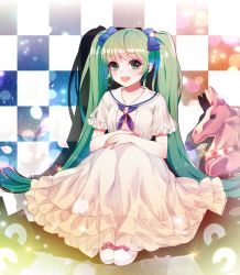 Rule 34 | 1girl, checkered background, dress, eu (euspia), green eyes, green hair, hatsune miku, long hair, looking at viewer, matching hair/eyes, open mouth, sitting, solo, twintails, very long hair, vocaloid