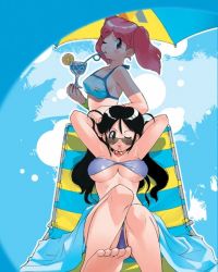 Rule 34 | 2girls, age difference, armpits, bandeau, barefoot, bikini, black hair, breasts, chair, cherry, cleavage, feet, food, foreshortening, fruit, hinata aki, hinata natsumi, keroro gunsou, large breasts, long hair, lounge chair, mature female, mother and daughter, mouth hold, multiple girls, one eye closed, pink hair, red hair, soles, sunglasses, swimsuit, toes, twintails, underboob, wink, yoshizaki mine
