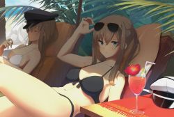 Rule 34 | 10s, 2girls, arm up, bare arms, bare shoulders, bikini, bismarck (kancolle), black bikini, black hat, blonde hair, breasts, bush, chair, cleavage, closed eyes, closed mouth, collarbone, cup, day, deck chair, drink, drinking glass, drinking straw, eight tohyama, eyewear on head, glasses, graf zeppelin (kancolle), hair between eyes, hat, jpeg artifacts, kantai collection, large breasts, leg up, liquid, looking at viewer, lounge chair, lying, multiple girls, navel, on back, outdoors, parted lips, peaked cap, plant, removing eyewear, rock, shelf, sleeping, stomach, sunglasses, sunlight, swimsuit, transparent, unworn hat, unworn headwear, upper body, white bikini, white hat