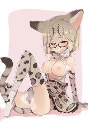 Rule 34 | 10s, 1girl, :d, animal ears, bad id, bad pixiv id, bare shoulders, black-framed eyewear, bow, bowtie, breath, cat ears, cat tail, elbow gloves, extra ears, fang, female masturbation, glasses, gloves, green eyes, hair between eyes, heart, heart-shaped pupils, high-waist skirt, highres, kemono friends, margay (kemono friends), margay print, masturbation, nipples, one eye closed, open clothes, open mouth, open shirt, print bow, print bowtie, print gloves, print neckwear, print skirt, print thighhighs, shirt, short hair, simple background, skirt, sleeveless, sleeveless shirt, smile, solo, symbol-shaped pupils, tail, tears, teranekosu, thighhighs, wince
