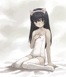 Rule 34 | 10s, 1girl, animal ears, arm support, black hair, brown eyes, cat ears, fake animal ears, girls und panzer, hand on own chest, kneeling, long hair, looking to the side, one-piece swimsuit, reizei mako, school swimsuit, sitting, solo, swimsuit, thighhighs, wariza, white background, white one-piece swimsuit, white school swimsuit, white thighhighs, you2