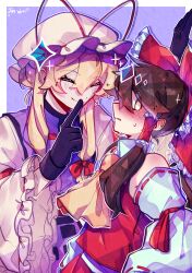 Rule 34 | 2girls, @ @, ^ ^, absurdres, artist name, ascot, bare shoulders, black gloves, blonde hair, blush, bow, brown eyes, brown hair, closed eyes, commentary request, dress, frilled bow, frilled hair tubes, frilled sleeves, frills, gloves, hair tubes, hakurei reimu, hat, hat ribbon, highres, index finger raised, jin-dam, long hair, mob cap, multiple girls, purple tabard, red bow, red ribbon, red skirt, red vest, ribbon, ribbon-trimmed sleeves, ribbon trim, skirt, sparkle, sweatdrop, tabard, touhou, upper body, vest, white dress, white headwear, white sleeves, wide sleeves, yakumo yukari, yellow ascot, yuri