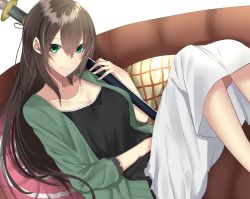 Rule 34 | 1girl, black shirt, breasts, brown hair, casual, closed mouth, collarbone, commentary request, couch, green eyes, green jacket, hair between eyes, highres, holding, holding sword, holding weapon, jacket, katana, knees up, long hair, long sleeves, medium breasts, on couch, onineko-chan, open clothes, open jacket, original, scabbard, sheath, sheathed, shirt, sitting, skirt, sleeves past elbows, smile, solo, sword, weapon, white skirt