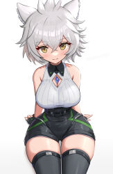 Rule 34 | absurdres, animal ears, belt, bra visible through clothes, breasts, cat ears, crystal, gloves, gonzarez, highres, large breasts, na&#039;el (xenoblade), narrow waist, short hair, shorts, thick thighs, thighhighs, thighs, white hair, wide hips, xenoblade chronicles (series), xenoblade chronicles 3, yellow eyes, zettai ryouiki