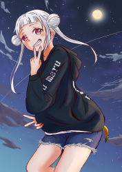 Rule 34 | 1girl, arashi chisato, artist name, artist request, bare legs, black hoodie, black jacket, black shorts, black sky, blue pants, blue sky, blush, breasts, clothes writing, double bun, double v, female focus, floating hair, full moon, hair bun, hair tie, highres, hood, hoodie, jacket, long hair, long sleeves, looking at viewer, love live!, love live! superstar!!, moon, moonlight, nail, nail polish, night, night sky, outdoors, pants, parted lips, pink nails, pink nails, red eyes, shorts, sky, smile, solo, star (sky), teeth, v, wavy hair, white hair