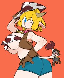 Rule 34 | 2girls, alice margatroid, animal ears, animal print, ass, bell, belt, blonde hair, blue eyes, blue shorts, boots, breasts, brown belt, brown footwear, brown gloves, brown vest, commentary request, cookie (touhou), cow ears, cow girl, cow horns, cow print, cow tail, cowbell, cowboy shot, gloves, grey hair, grey skirt, grey vest, horns, kofji (cookie), large breasts, long sleeves, looking at viewer, mini person, minigirl, mouse ears, mouse girl, mouse tail, multiple girls, nazrin, neck bell, one eye closed, open mouth, orange background, red eyes, scotch (cookie), shirt, short hair, shorts, simple background, skirt, tail, tail grab, tied shirt, touhou, vest, web (cookie), white shirt