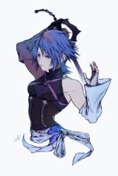 Rule 34 | 1girl, aqua (kingdom hearts), arm up, blue eyes, blue hair, breasts, breasts apart, chain, cropped torso, detached sleeves, fingerless gloves, gloves, hair between eyes, holding, holding sword, holding weapon, kingdom hearts, long sleeves, medium breasts, mim (mimya0600), parted lips, short hair, signature, simple background, solo, spiked hair, sword, weapon, white background, white gloves, white sleeves