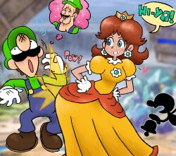 Rule 34 | 1girl, :o, ass, blue eyes, blue overalls, blush, brown hair, crown, curvy, dress, earrings, excited, facial hair, flower, flower earrings, flower ornament, game &amp; watch, gloves, green cap, green shirt, handsome squidward, highres, hip attack, huge ass, jewelry, johnzu, luigi, mario (series), meme, mr. game &amp; watch, mustache, nintendo, overalls, princess, princess daisy, shirt, shoes, smile, super mario bros. 1, super mario land, super smash bros., surprised, sweat, teeth, tomboy, white gloves, wide hips, yellow dress