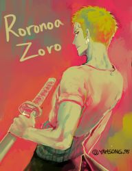 Rule 34 | 1boy, color guide, earrings, green hair, haramaki, jewelry, limited palette, male focus, one piece, over shoulder, palette (object), roronoa zoro, scabbard, sheath, solo, sword, weapon, yamsong