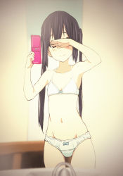 Rule 34 | 1girl, bad id, bad pixiv id, bare shoulders, bathroom, black hair, blush, bra, brown eyes, cellphone, covering face, covering own eyes, k-on!, lingerie, long hair, mirror, nakano azusa, navel, panties, phone, reflection, selfie, sepia, smile, solo, twintails, underwear, underwear only, watanore, white bra, white panties