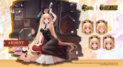 Rule 34 | 1girl, allenes, animal ears, ardent (azur lane), ardent (master ardent?) (azur lane), ardent (master ardent?) (azur lane), azur lane, black bow, black bowtie, black leotard, black pantyhose, blonde hair, blue eyes, bow, bowtie, breasts, detached collar, expressions, fake animal ears, full body, highleg, highleg leotard, highres, indoors, large breasts, leotard, long hair, looking at viewer, manjuu (azur lane), official alternate costume, official art, pantyhose, playboy bunny, promotional art, rabbit ears, royal navy emblem (azur lane), solo, strapless, strapless leotard, sword, thighband pantyhose, thighhighs, twintails, very long hair, weapon, wooden floor, wrist cuffs