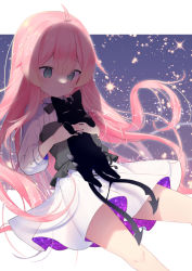 Rule 34 | 1girl, ahoge, animal, black cat, blue eyes, cat, chii aruel, closed mouth, commentary request, hair between eyes, holding, holding animal, long hair, long sleeves, pink hair, pleated skirt, puffy long sleeves, puffy sleeves, shirt, skirt, smile, solo, soulworker, usagimiko, very long hair, white shirt, white skirt