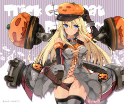 Rule 34 | 10s, 1girl, adapted costume, anchor, arm up, bare shoulders, between breasts, between legs, bismarck (kancolle), black panties, blonde hair, blue eyes, blush, breasts, broom, broom riding, brown gloves, character name, cleavage, closed mouth, collarbone, commentary request, cowboy shot, detached sleeves, eyebrows, gloves, hair between eyes, halloween, hand on headwear, hat, holding, jack-o&#039;-lantern, kantai collection, large breasts, long hair, looking at viewer, military, military uniform, navel, orange ribbon, panties, peaked cap, ribbon, rigging, sidelocks, sleeve cuffs, smile, solo, stomach, striped, striped background, suzuki toto, thighhighs, twitter username, underwear, uniform