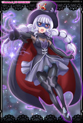 Rule 34 | 1girl, 2022, black bodysuit, black cape, black footwear, black gloves, black hat, black vest, blunt bangs, bodysuit, boots, bow, braid, breasts, cape, cleavage, dated, delicious party precure, elbow gloves, floating hair, framed, gentlu (precure), gloves, grey hair, grey skirt, hanzou, hat, hat bow, highres, long hair, looking at viewer, mask, medium breasts, miniskirt, open mouth, pleated skirt, precure, purple bow, red eyes, skirt, solo, thigh boots, thigh gap, twin braids, twintails, twitter username, v-shaped eyebrows, very long hair, vest