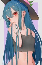 Rule 34 | 1girl, alternate costume, bare arms, black hat, black shirt, blue hair, blush, border, closed mouth, collarbone, commentary, eyelashes, hair between eyes, hand up, hat, head tilt, highres, hinanawi tenshi, holding, holding own hair, long hair, looking at viewer, navel, peach hat ornament, purple background, red eyes, ropu 1, shirt, sidelocks, simple background, sleeveless, sleeveless shirt, solo, straight hair, touhou, tsurime, upper body, very long hair, white border