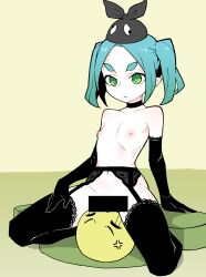 Rule 34 | 1girl, akableak, aqua hair, armband, bare shoulders, belt, black gloves, black thighhighs, censored, closed mouth, collar, collarbone, expressionless, flat chest, garter belt, garter straps, gloves, gradient hair, green eyes, highres, jewelry, leggings, lingerie, monogatari (series), multicolored hair, navel, ononoki yotsugi, simple background, sitting, sitting on face, sitting on person, solo, thick eyebrows, thighhighs, twintails, underwear, uohhhhhhhhh! (meme)