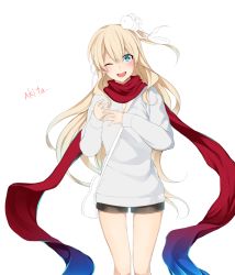 Rule 34 | 1girl, ;d, bad id, bad pixiv id, bag, blonde hair, blue eyes, blush, brown shorts, character request, floating hair, grey sweater, hair between eyes, hair ribbon, handbag, highres, long hair, long sleeves, looking at viewer, lor (roasyerizyonirapi), one eye closed, open mouth, red scarf, ribbon, scarf, short shorts, shorts, simple background, smile, solo, standing, sweater, thigh gap, very long hair, white background, white bag, white ribbon